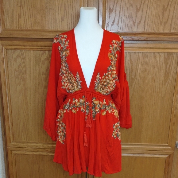 Free People Pretty Pineapple Mini Dress Embroidered Womens XS Red - Picture 1 of 16